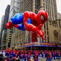 Spiderman balloon floats in the air during the annual Macy`s Thanksgiving Day parade along Avenue of Americas Royalty Free Stock Photo