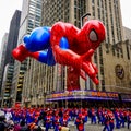 Spiderman balloon floats in the air during the annual Macy`s Thanksgiving Day parade along Avenue of Americas Royalty Free Stock Photo