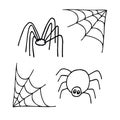 Spiders and cobwebs hand drawn in doodle style. vector scandinavian monochrome minimalism. Set of elements for design. insects, Royalty Free Stock Photo