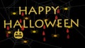 Spiders hanging on happy halloween letters and blood drops