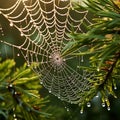 Spiderweb adorned with morning dew in a lush green environment