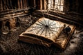A spiderweb-covered, ancient book opened to a page of sinister incantations