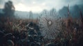 Dew Drops on Spiderweb in Misty Morning Field Royalty Free Stock Photo