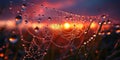 A spiderweb covered in water droplets with a sunset reflecting in the water droplets on the web Royalty Free Stock Photo