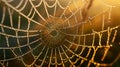 Spiderweb glistening with dew drops against a backdrop of a warm sunrise, highlighting nature's intricate patterns. Royalty Free Stock Photo