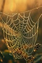 Spiderweb glistening with dew drops against a backdrop of a warm sunrise, highlighting nature's intricate patterns. Royalty Free Stock Photo