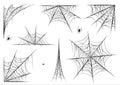 Spiderweb set, isolated on black transparent background. Cobweb for halloween, spooky, scary, horror decor with spiders. Royalty Free Stock Photo