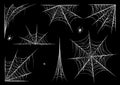 Spiderweb set, isolated on black transparent background. Cobweb for halloween, spooky, scary, horror decor with spiders. Royalty Free Stock Photo