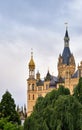 Spiers of Schwerin Castle behind big tree. Mecklenburg-Vorpommern, Pomerania, Germany