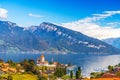 Spiez, Switzerland with the castle on lake Thun Royalty Free Stock Photo