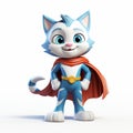 Superhero Cat Cartoon Character - Blue And White Cape Cat