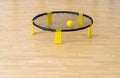 Spike ball game with yellow ball on hardwood court floor. Horizontal sport theme poster, greeting cards, headers, website and app Royalty Free Stock Photo
