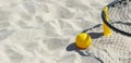 Spike ball game with yellow ball on sand. Summer game concept