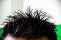 Spike hairstyle of a young man. Closeup of a spiky hairstyle of student using hard hair gel Royalty Free Stock Photo