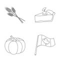 Spike of wheat, a piece of pie with cranberries, pumpkin, national flag.Canada thanksgiving day set collection icons in