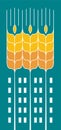 Spike, wheat, rye, agricultural crop and city houses in negative space. Concept of urban farming, agriculture, gardening
