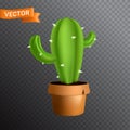 Spiked green cactus in a brown ceramic pot with a crack. Vector illustration isolated on a transparent background