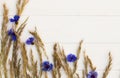 Spikelets and cornflowers on white wooden background. Flat lay. Copy space Royalty Free Stock Photo