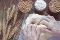 Spikelets of wheat, grain, wheat and barley in wooden boxes ; ha