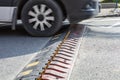 Spikes barrier are frequently used to enforce a directional flow in a single traffic lane barrier Royalty Free Stock Photo