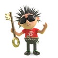 Spiky punk rock cartoon character holding a gold key, 3d illustration