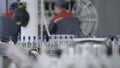 Transparent glass bottles sealed with blue foil and filled with alcohol move along conveyor line in Factory for bottling Royalty Free Stock Photo