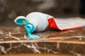 Spilled Blue Toothpaste on Bathroom Counter Royalty Free Stock Photo