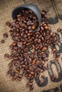 Spilled coffee beans and black cup Royalty Free Stock Photo