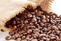 Spilled coffee beans from canvas sack Royalty Free Stock Photo