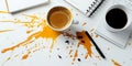 Spilled Coffee on Desk Workplace Chaos with Coffee Stains Notebooks and Pens Royalty Free Stock Photo