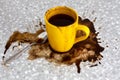 Spilled coffee on kitchen table with yellow mug and teaspoon Royalty Free Stock Photo