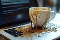 Coffee spilling from cup over laptop keyboard Royalty Free Stock Photo
