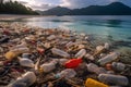 Spilled garbage on the beach of the city. Empty used dirty plastic bottles, Environmental pollution.