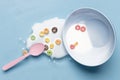 spilled milk milk bowl top view. High quality photo Royalty Free Stock Photo