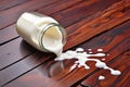 Spilled milk mistake wooden table copyspace