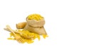 spilled pasta from durum wheat. Italian cuisine healthy eating. Isolated on white background. copy space, template.