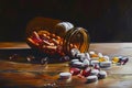 A spilled pill bottle with tablets and capsules suggesting the issues of medication overdose or dependency, A spilled Royalty Free Stock Photo