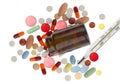 Spilled pills, brown bottle and pharmaceutical the Royalty Free Stock Photo