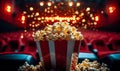 Spilled popcorn bucket on cinema seat with dramatic lighting in an empty movie theater, capturing the atmosphere of Royalty Free Stock Photo