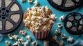 Spilled Popcorn and Film Reels on Blue Surface