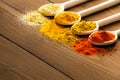 Spilled powder spices and wooden spoons Royalty Free Stock Photo
