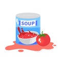 Spilled tomato soup bowl next to a fresh tomato and a can labeled SOUP. Food spill accident concept. Kitchen mess Royalty Free Stock Photo