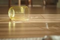 Spilled Water From Yellow Cup on Wooden Floor in Kitchen Royalty Free Stock Photo