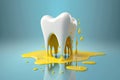 Spilled yellow paint and white shiny painter, teeth whitening. Generative ai