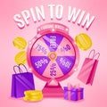 Spin to win banner. Lucky promotions with gift prize and sale discount, fortune spinning wheel game vector illustration Royalty Free Stock Photo