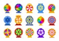 Spin wheels. Cartoon lottery circle. Fortune roulette games. Collection of rotating casino equipment for raffling prizes. Colorful