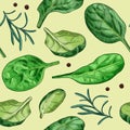 Hand drawn colorful fresh spinach leaves. Spinach and rosemary background. Seamless pattern.