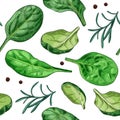 Hand drawn colorful fresh spinach leaves. Spinach and rosemary background. Seamless pattern.