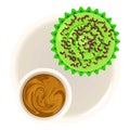 Spinach cake icon isometric vector. Bright green homemade spinach cake and drink