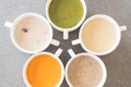 Spinach, carrot, mushroom, corn soups Royalty Free Stock Photo